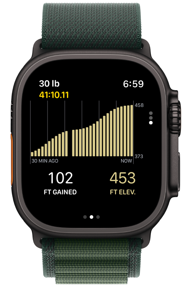 Apple Watch displaying the new Enduruc Elevation tab during a ruck, showing current elevation, total gain, and a rolling 30-minute elevation chart.